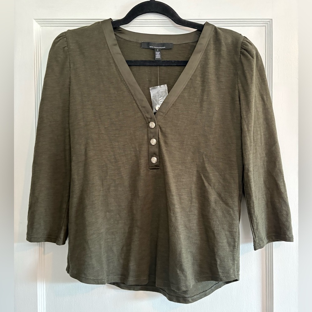 NWT Women's White House Black Market Olive Green 3Q Sleeve Henley Tee Size Small